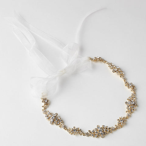 Gold Clear Rhinestone Bridal Wedding Ribbon Headband 3809
