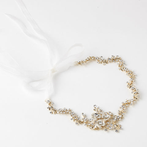 Gold Clear Rhinestone & White Enameled Floral Accent Bridal Wedding Ivory Ribbon Headband 3817
