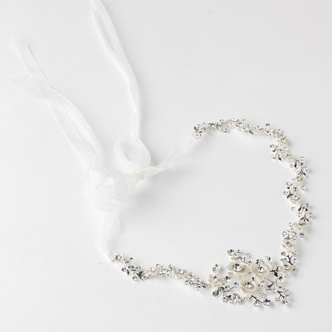 Silver Clear Rhinestone & White Enameled Floral Accent Bridal Wedding Ivory Headband 3817