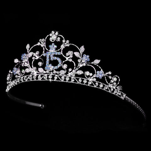 Shimmering Sweet 15 Quinceanera Light Blue Rhinestone Bridal Wedding Tiara in Silver 466