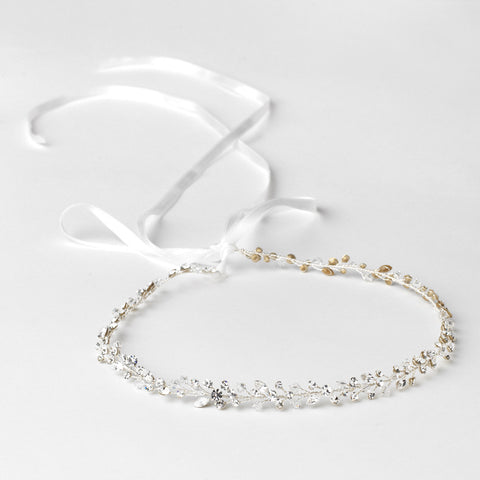 Silver Rhinestone & Swarovski Crystal Bead Vine Ribbon Bridal Wedding Headband 6439