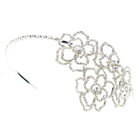 Silver Clear Rhinestone Flower Design Bridal Wedding Side Headband
