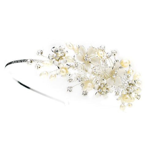 Silver Leaf & Ivory Petal Flower Bridal Wedding Side Headband with Freshwater Pearls & Rhinestones