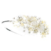 Silver Leaf & Ivory Petal Flower Bridal Wedding Side Headband with Freshwater Pearls & Rhinestones