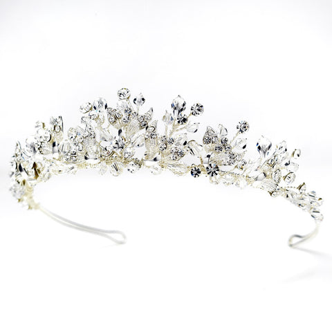 Silver Floral Bridal Wedding Tiara Headpiece with Rhinestones & Swarovski Crystal Beads