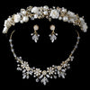 Gold Champagne Pearl & Swarovski Crystal Bead Ceramic Flower Bridal Wedding Headband 9842 & Jewelry 7305 Set