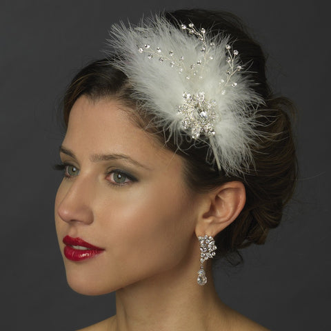 Silver Clear Gemstone Feather Fascinator Bridal Wedding Side Headband with Rhinestone Accents