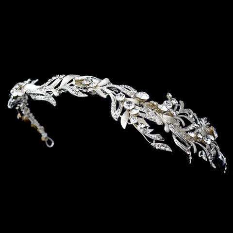 Silver Ivory Leaf Bridal Wedding Side Headband with Rhinestone Accents