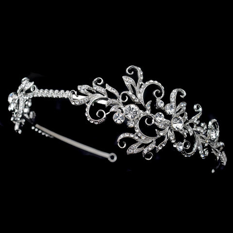 Rhodium Floral Swirl Flower Bridal Wedding Side Headband with Rhinestone Accents