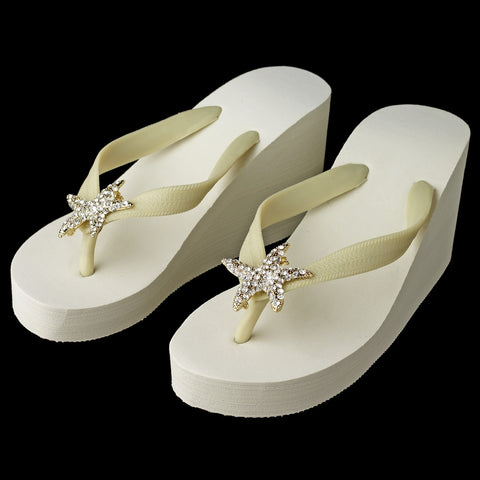 Gold Starfish Rhinestone High Wedge Bridal Wedding Flip Flops