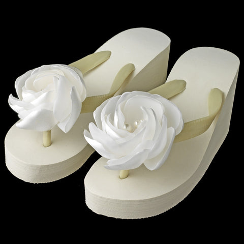 Flower High Wedge Bridal Wedding Flip Flops with Rhinestone & Pearl Accents