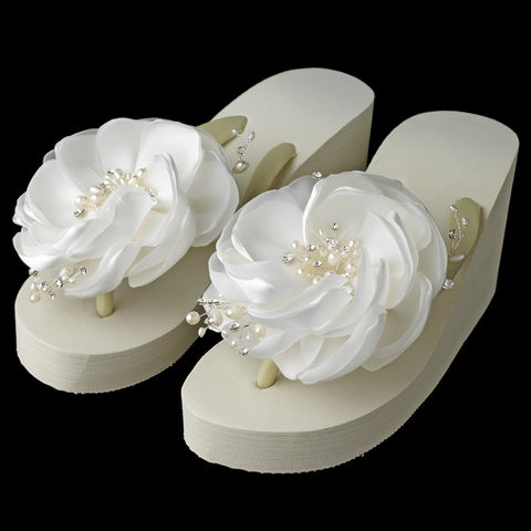 Flower High Wedge Bridal Wedding Flip Flops with Rhinestone & Freshwater Pearl Accents