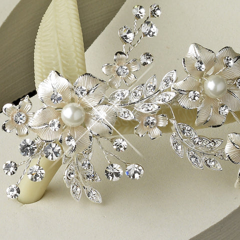 Floral Silver Vine High Wedge Bridal Wedding Flip Flops with Rhinestone & Pearl Accents
