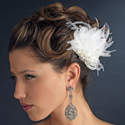 Silver Ivory Feather Bridal Wedding Hair Clip w/ Freshwater Pearl & Crystal 3578