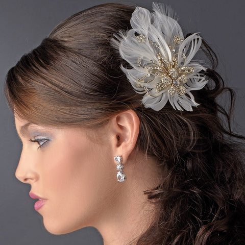 Glamorous Gold Bridal Wedding Hair Clip with Bridal Wedding Brooch Pin and Clear Rhinestones & Ivory Feathers 456
