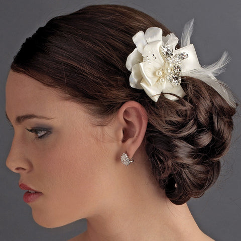 Silver Ivory Feather Ribbon Bridal Wedding Hair Clip 8249
