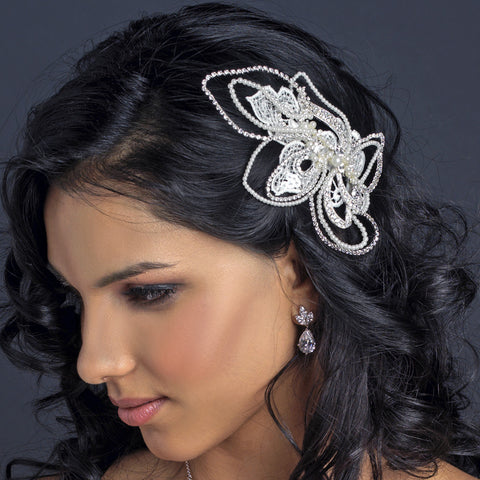 Silver Diamond White Pearl, Rhinestone & Lace Bridal Wedding Hair Clip 9631