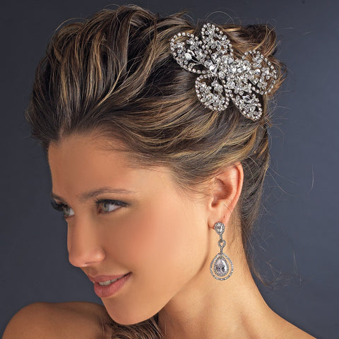 Antique Silver Clear Swarovski Crystal Bead & Rhinestone Floral Bridal Wedding Hair Comb 765