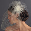 Russian Tulle & Feather Fascinator & Birdcage Bridal Wedding Veil on Bridal Wedding Hair Comb in White or Ivory 8399