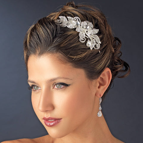 Silver Clear Rhinestone Floral Side Accented Bridal Wedding Side Accented Bridal Wedding Headband Headpiece 1772