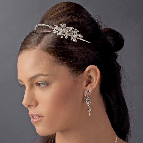 Silver Double Rhinestone Bridal Wedding Headband with Crystal Ornate Side Accent HP 2913