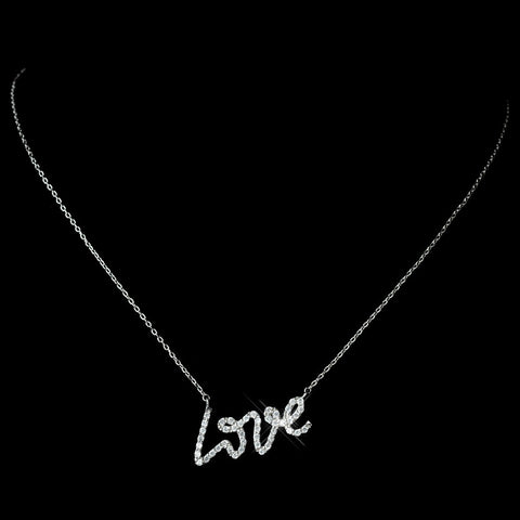 Antique Silver Rhodium CZ Crystal Love Pendent Bridal Wedding Necklace 1591