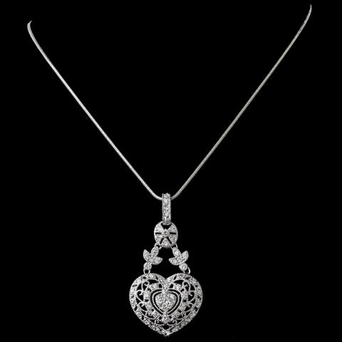 Antique Silver Clear Cubic Zirconia Heart Bridal Wedding Necklace 2702