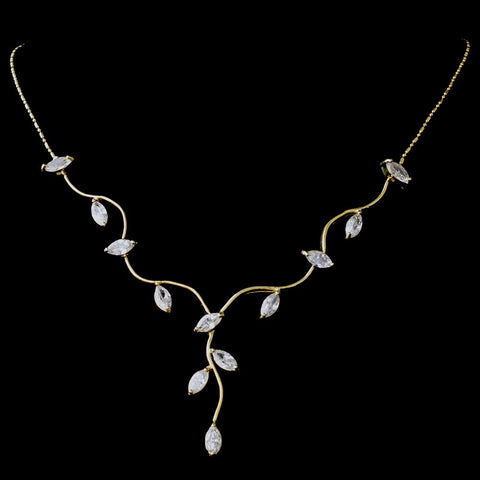 * Striking Gold Clear CZ Wavy Vine & Leaf Bridal Wedding Necklace 3522
