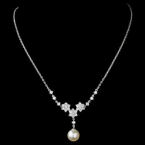 Gorgeous Silver Clear Rhinestone & Ivory Pearl Flower Bridal Wedding Necklace 3631