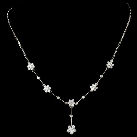 Stunning Antique Silver Clear CZ Flower Bridal Wedding Necklace 3677