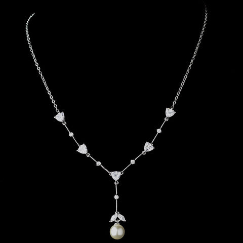 Antique Silver FW Pearl & CZ Crystal Bridal Wedding Necklace N 3732