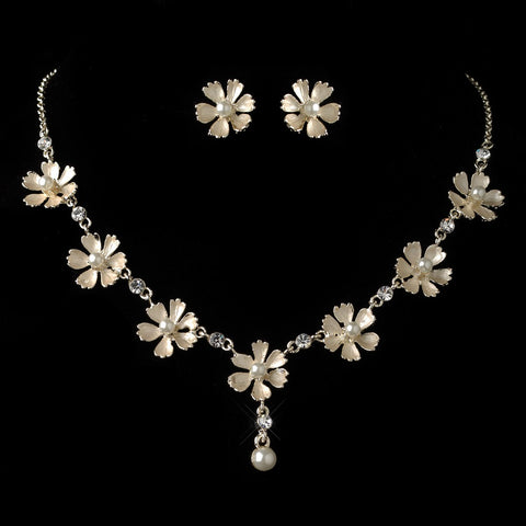 Gold Champagne Pearl Flower Bridal Wedding Jewelry Set 4838
