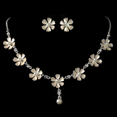 Silver White Pearl Flower Bridal Wedding Jewelry Set 4838