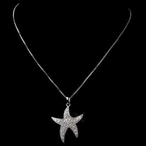 Antique Silver Clear Cubic Zirconia Starfish Bridal Wedding Necklace N 5008