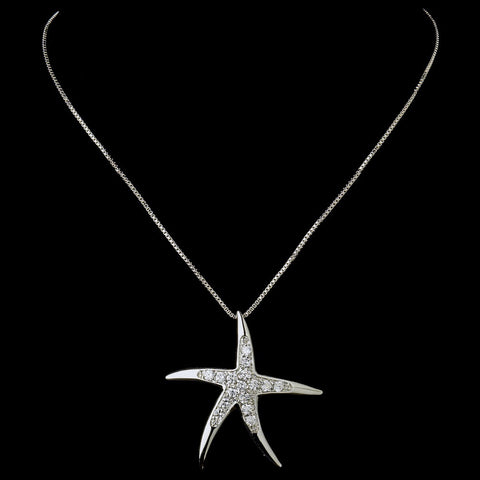 Antique Silver Clear CZ Crystal Starfish Bridal Wedding Necklace 5010