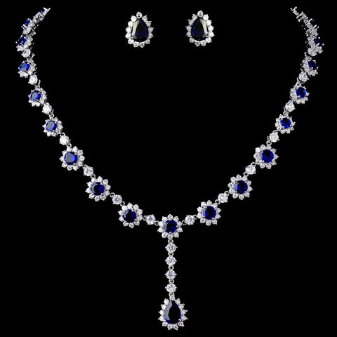 Elegant Floral Rhinestone Bridal Wedding Necklace & Earring Bridal Wedding Jewelry Set with Navy Accents N 5063 & E 5397