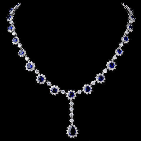 Silver CZ Crystal and Sapphire Stone Bridal Wedding Necklace 5063 & Earrings 5560 Bridal Wedding Jewelry Set