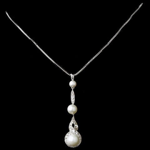 Silver Clear Diamond White Pearl Bridal Wedding Necklace 5077 & White Pearl Bridal Wedding Earrings 5484
