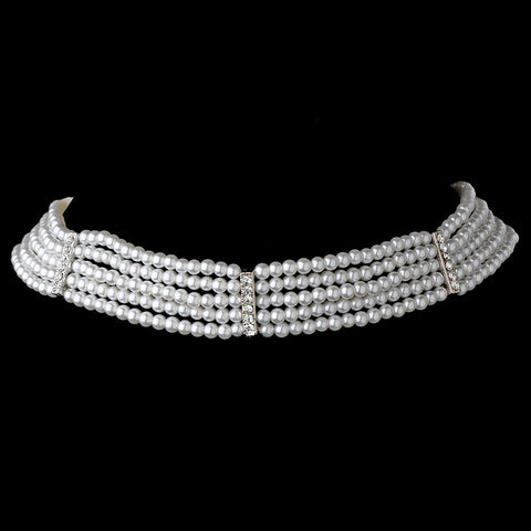 5 Row Choker Pearl Bridal Wedding Necklace N 602 Silver Ivory