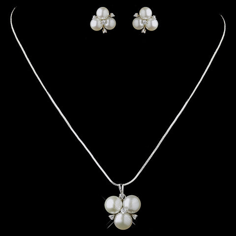 Antique Silver Diamond White Freshwater Pearl Pendant Bridal Wedding Necklace 6501 & Bridal Wedding Earrings 9408 Bridal Wedding Jewelry Set
