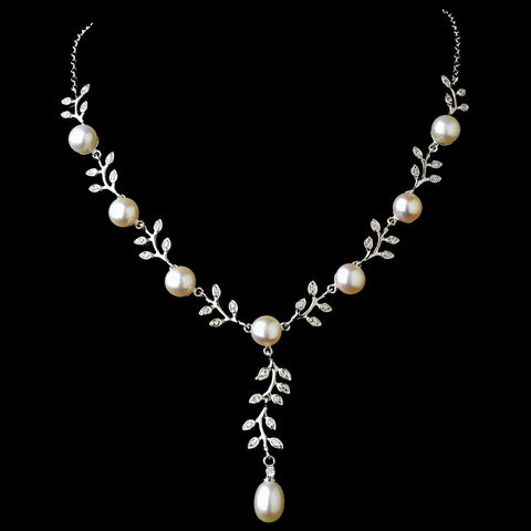 Graceful Silver Clear CZ & Ivory Pearl Vine Bridal Wedding Necklace 6518