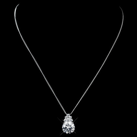 Antique Silver Clear CZ Drop Pendant Bridal Wedding Necklace 652