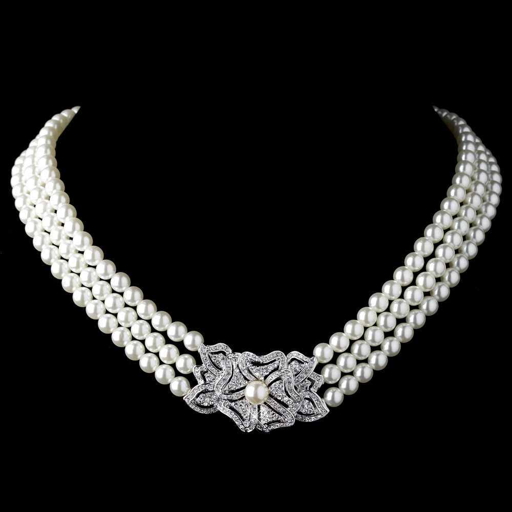 Rhodium Ivory Pearl & Rhinestone Vintage Floral Bridal Wedding Necklace 76010