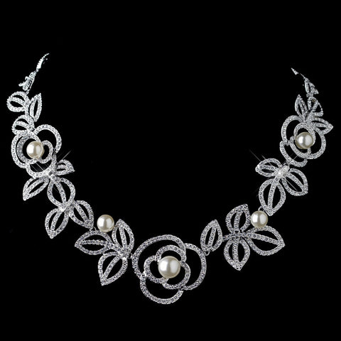 Rhodium Diamond White Pearl Bridal Wedding Necklace 76013