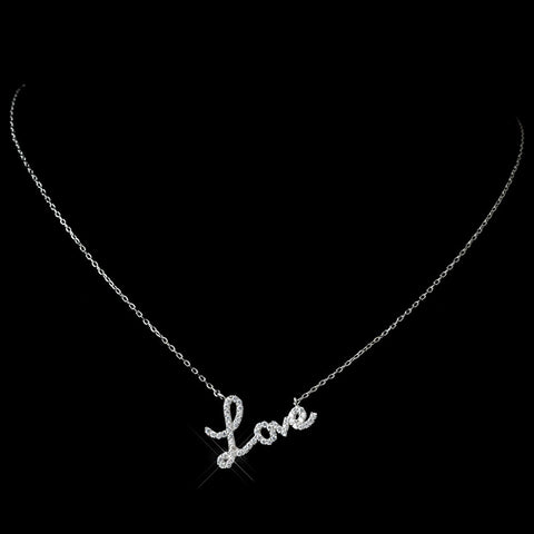 Antique Rhodium Silver Clear CZ Crystal Love Pendent Bridal Wedding Necklace 7719