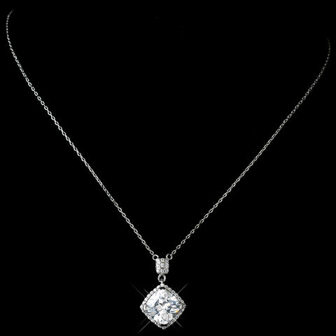Antique Rhodium Silver Clear CZ Clear Crystal Cut Drop Pendent Bridal Wedding Necklace 7723