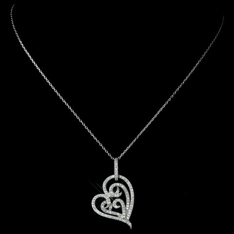 Antique Rhodium Silver Clear Micro Pave Encrusted Heart Pendent Bridal Wedding Necklace 7724