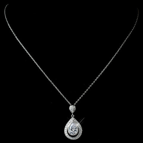 Antique Rhodium Silver Clear CZ Crystal Teardrop Pendent Bridal Wedding Necklace 7725 & Swirl Flower Teardrop Pave Dangle Bridal Wedding Earrings 2899 Bridal Wedding Jewelry Set