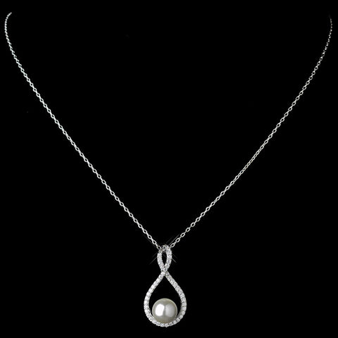 Antique Rhodium Silver Clear Pave CZ Crystal Eternity Pendent w/ Diamond White Pearl Bridal Wedding Necklace 7727