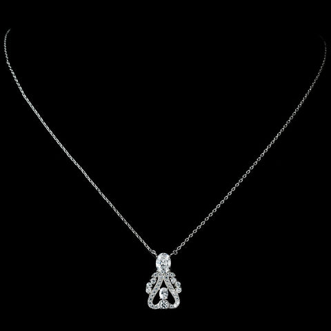 Antique Rhodium Silver Clear Vintage CZ Crystal Drop Pendent Bridal Wedding Necklace 7728